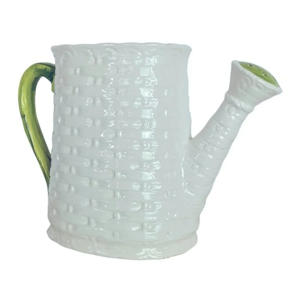 Vintage Basket Weave Ceramic Watering Can Planter Numbered Multi Use White Green